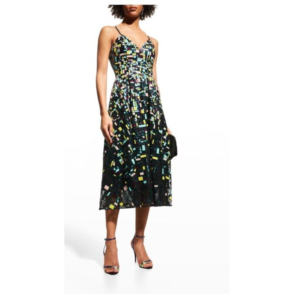 Dress the Population Maren Sequin Midi Dress Geometric Colorblock NWT XL $328